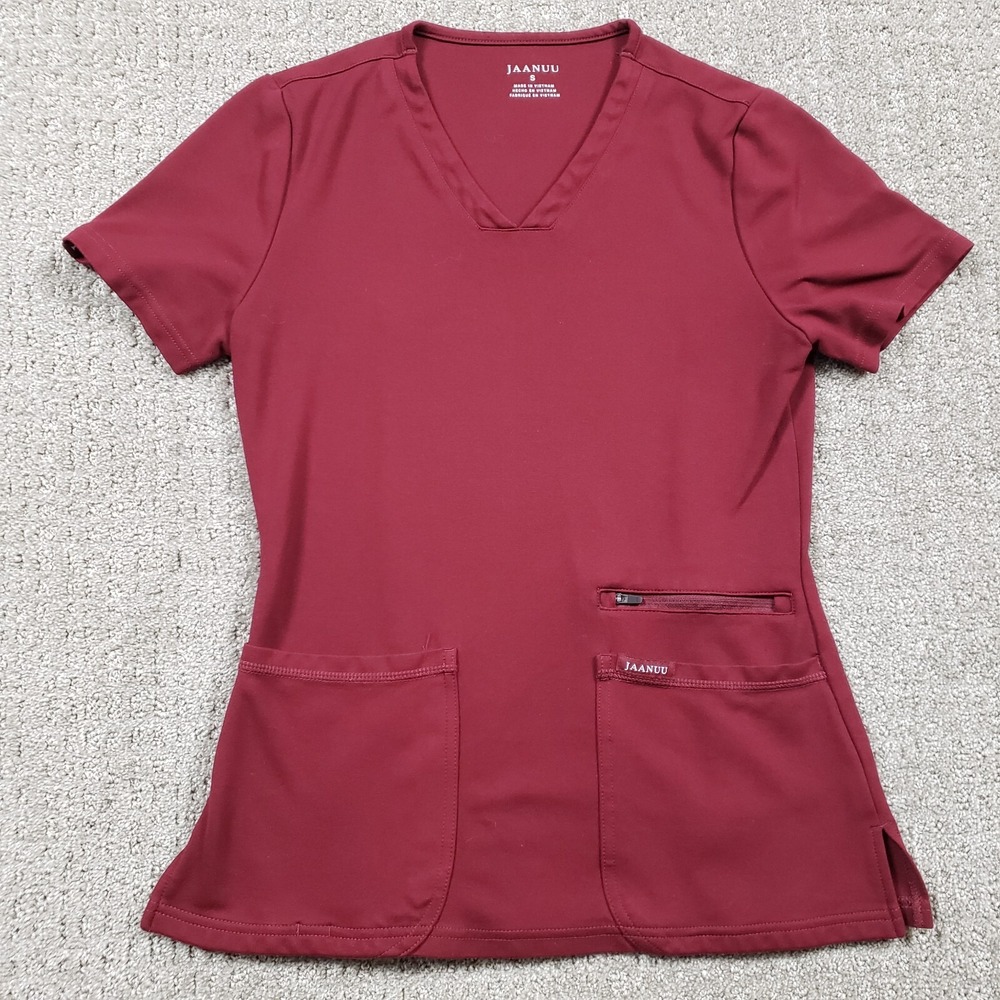 Jaanuu Scrub Top Womens Small Red Wine V Neck 4 Pocket J96202 PonteLux Medical